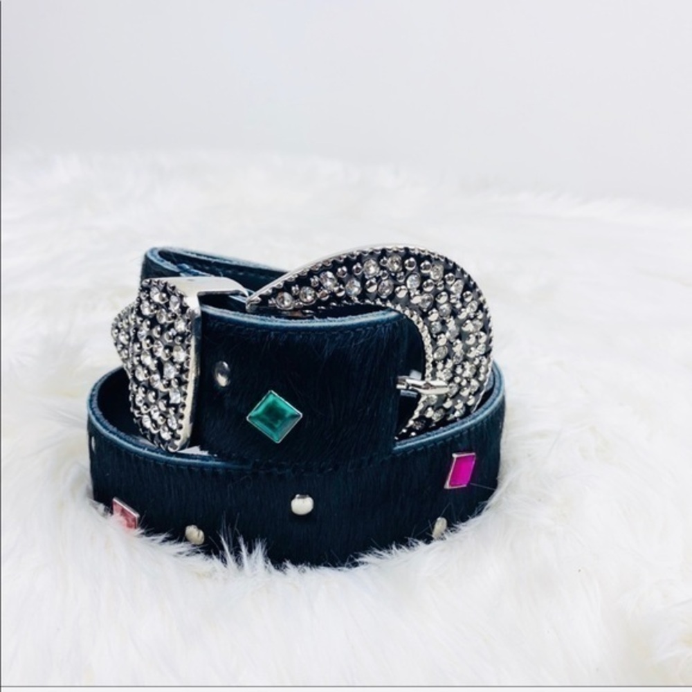 Western Calf Hair Black Jeweled Belt Size 38